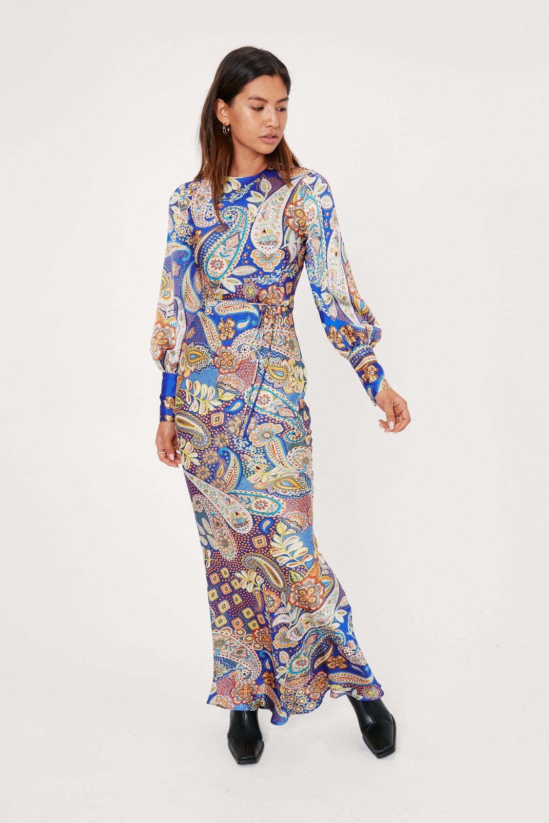 Cobalt Paisley Belted Long Sleeved Maxi Slip Dress image number 1