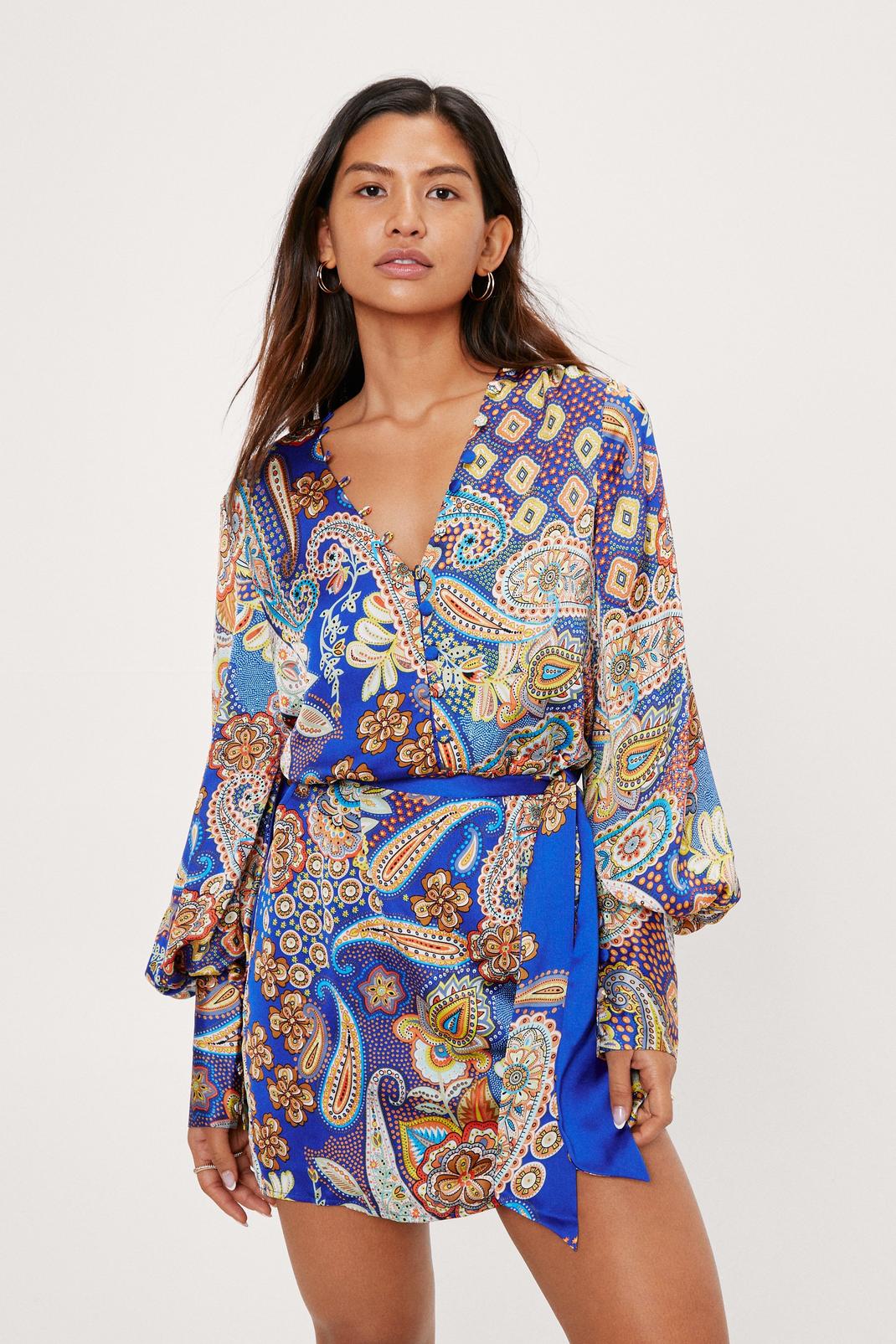 Cobalt Paisley Button Front Belted Mini Dress image number 1