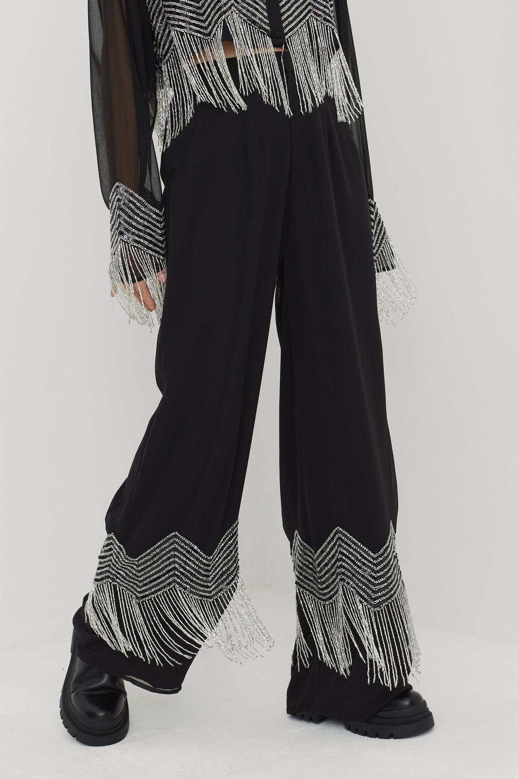105 Abstract Beaded Fringe Wide Leg Trousers image number 2
