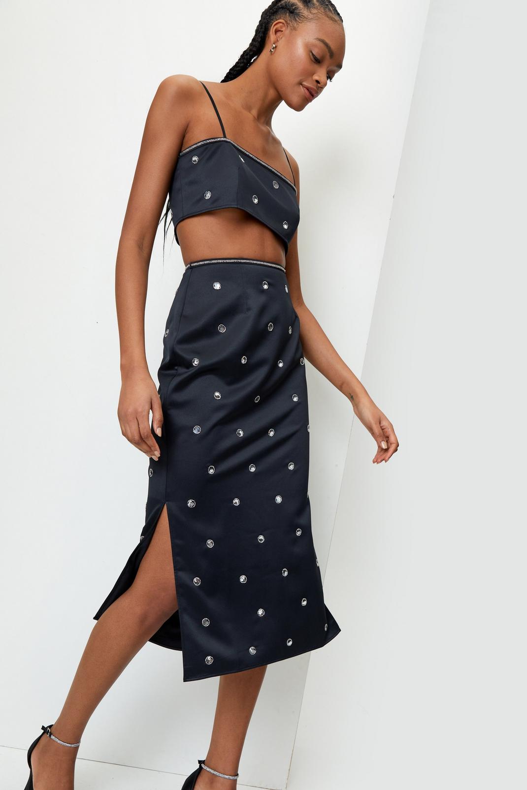 Black Sequin Embellished Midi Slip Skirt image number 1