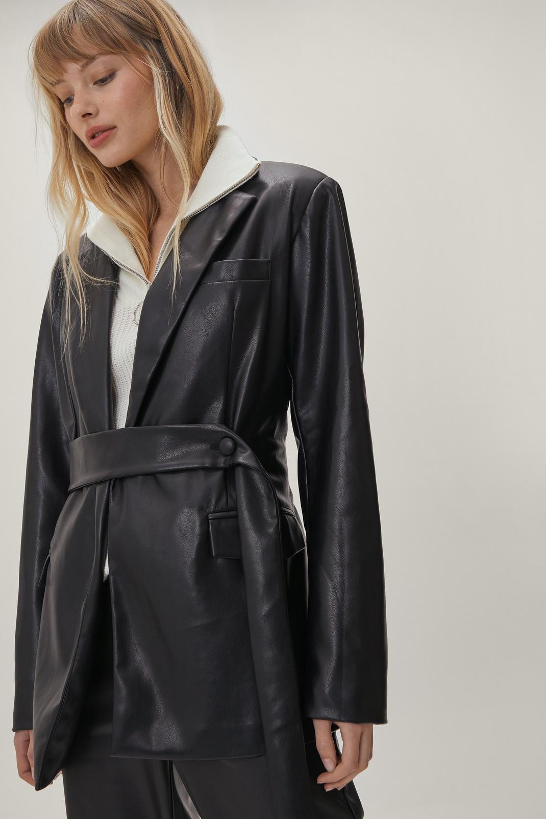 Black Faux Leather Long Sleeve Belted Blazer image number 1
