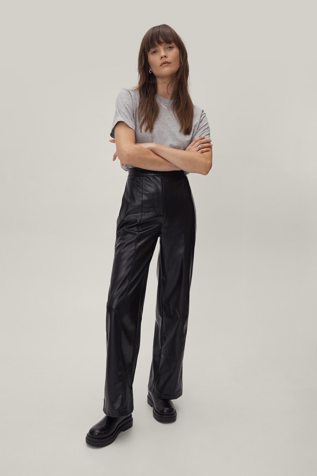 Black Seam Detail Faux Leather Wide Leg Trousers image number 1