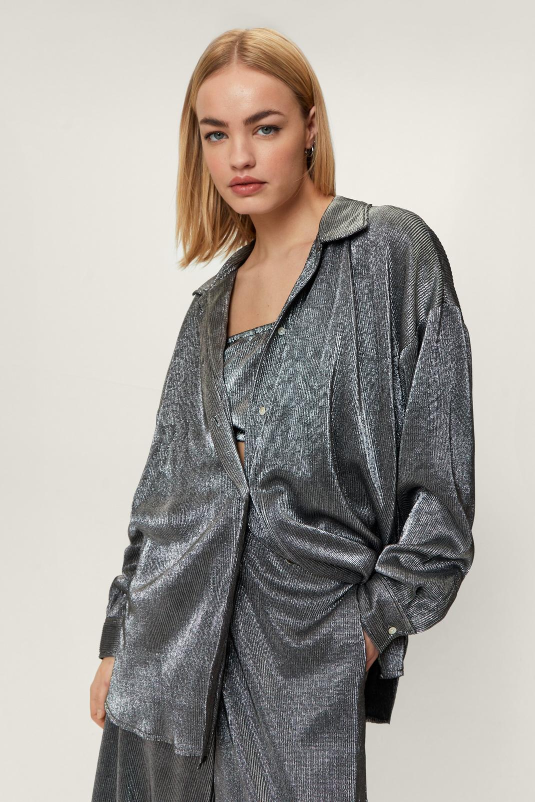 Silver Plisse Metallic Button Down Oversized Shirt image number 1