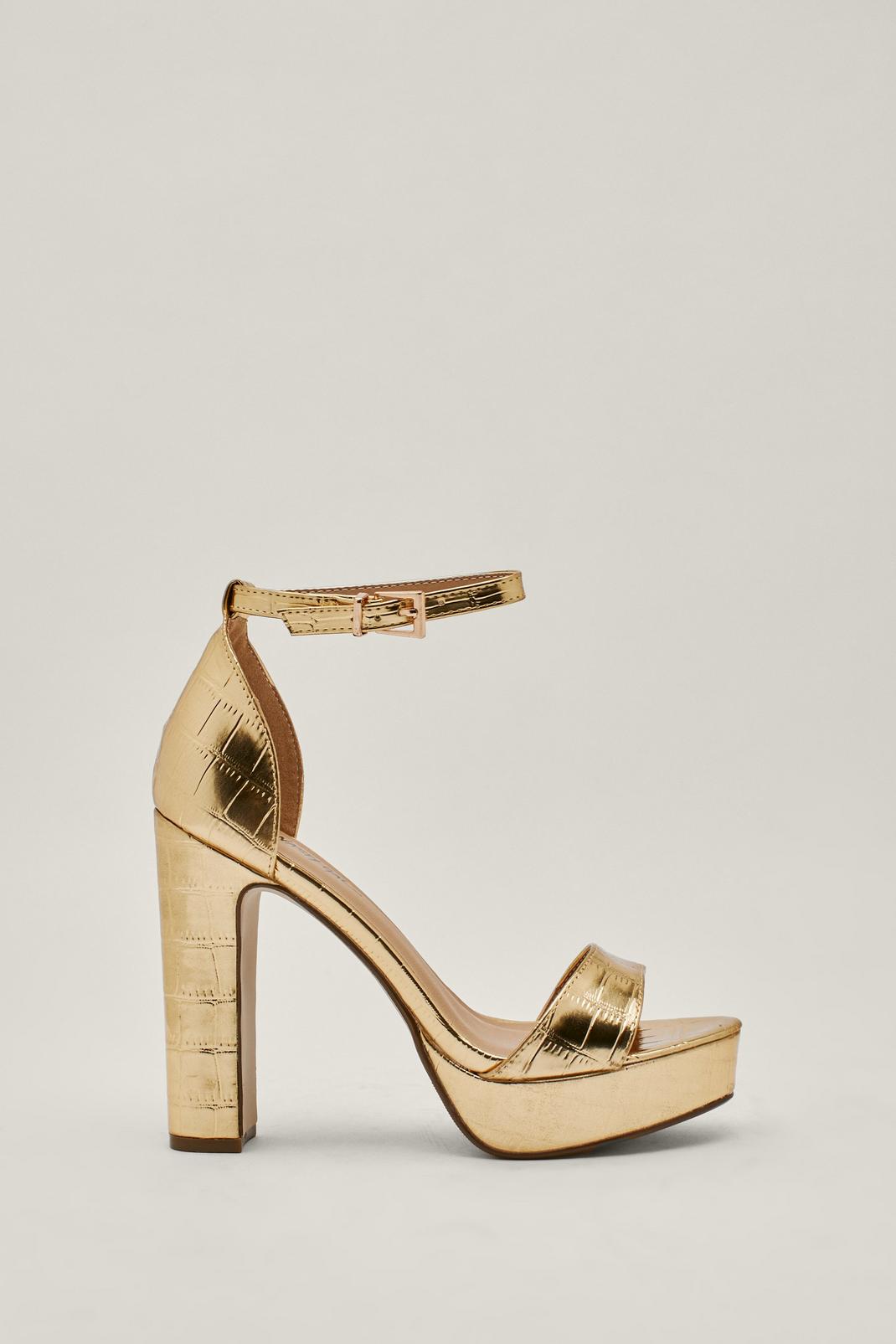 Gold Faux Leather Strappy Croc Embossed Heels image number 1