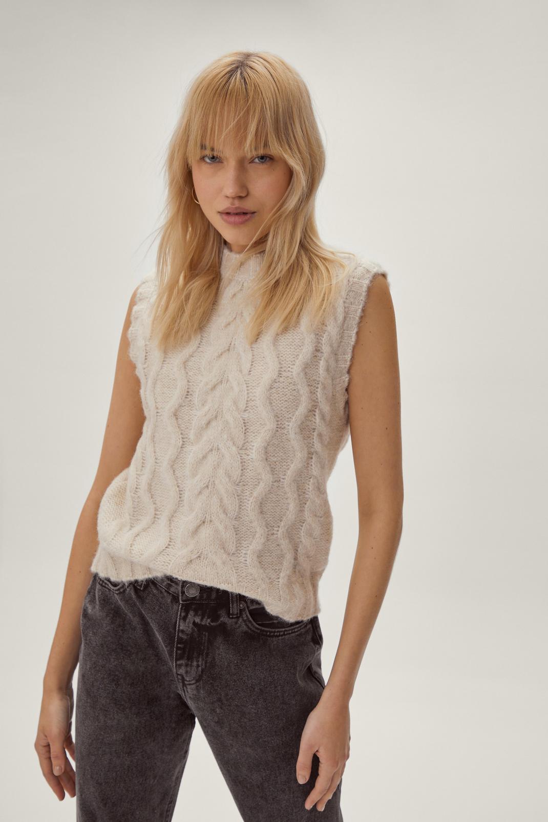 Oatmeal Soft Cable Knit Chunky Sweater Vest image number 1