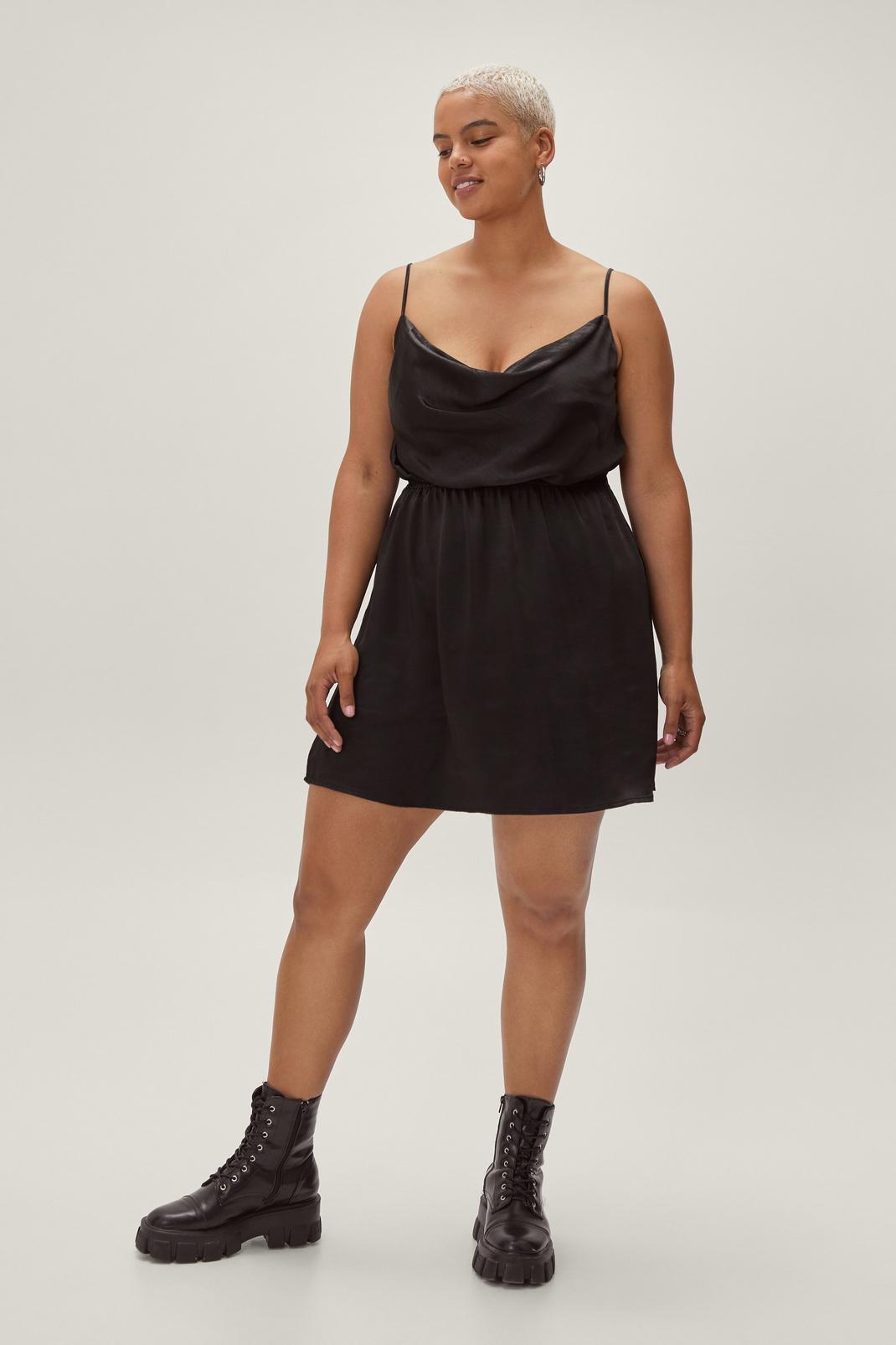 Black Plus Size Recycled Cowl Satin Slip Dress image number 1