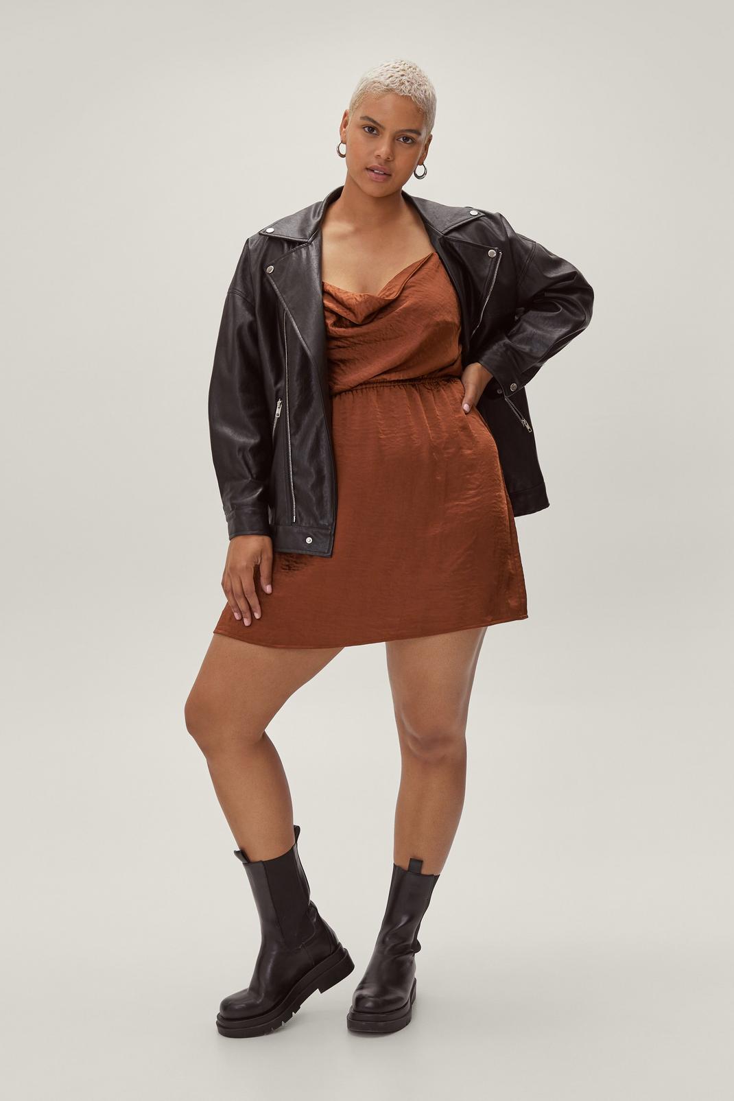 Rust Plus Size Recycled Cowl Satin Slip Dress image number 1