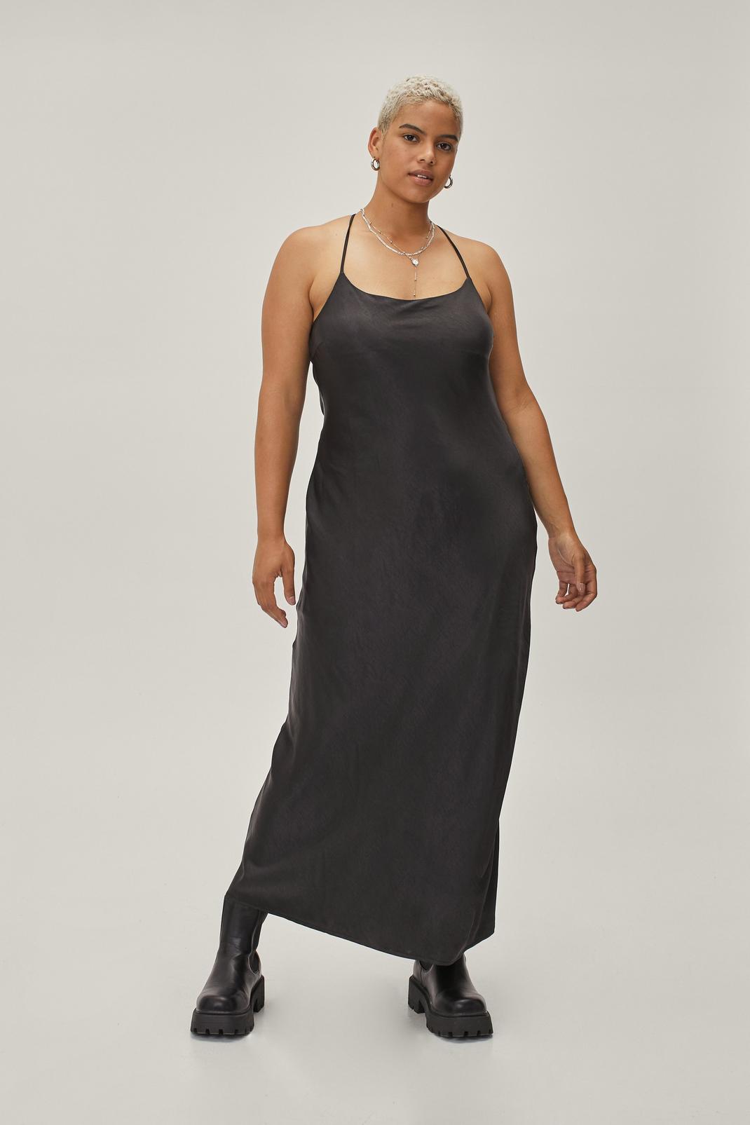 Black Plus Size Cowl Back Satin Midi Dress image number 1