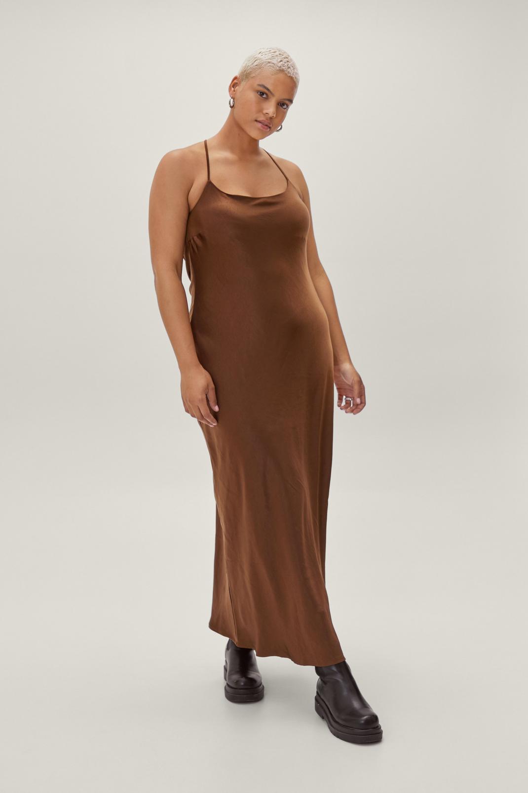 Chocolate Plus Size Recycled Cowl Back Satin Midi Dress image number 1