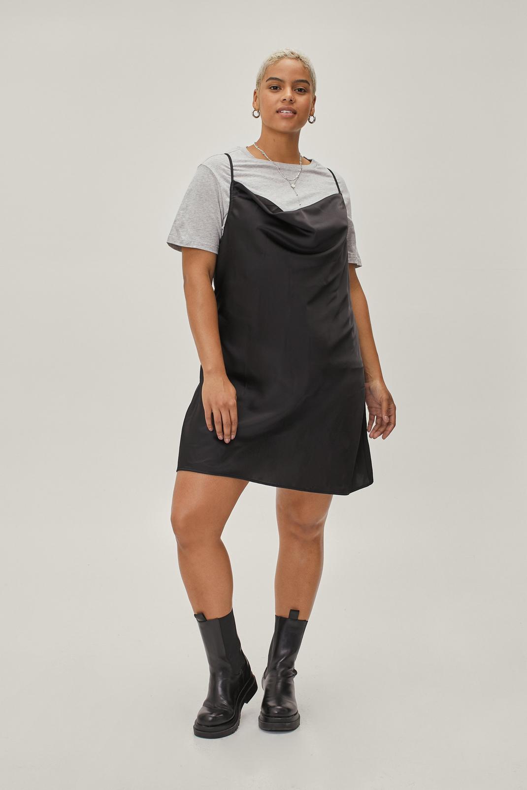 Black Plus Size Satin Cowl Mini Slip Dress image number 1