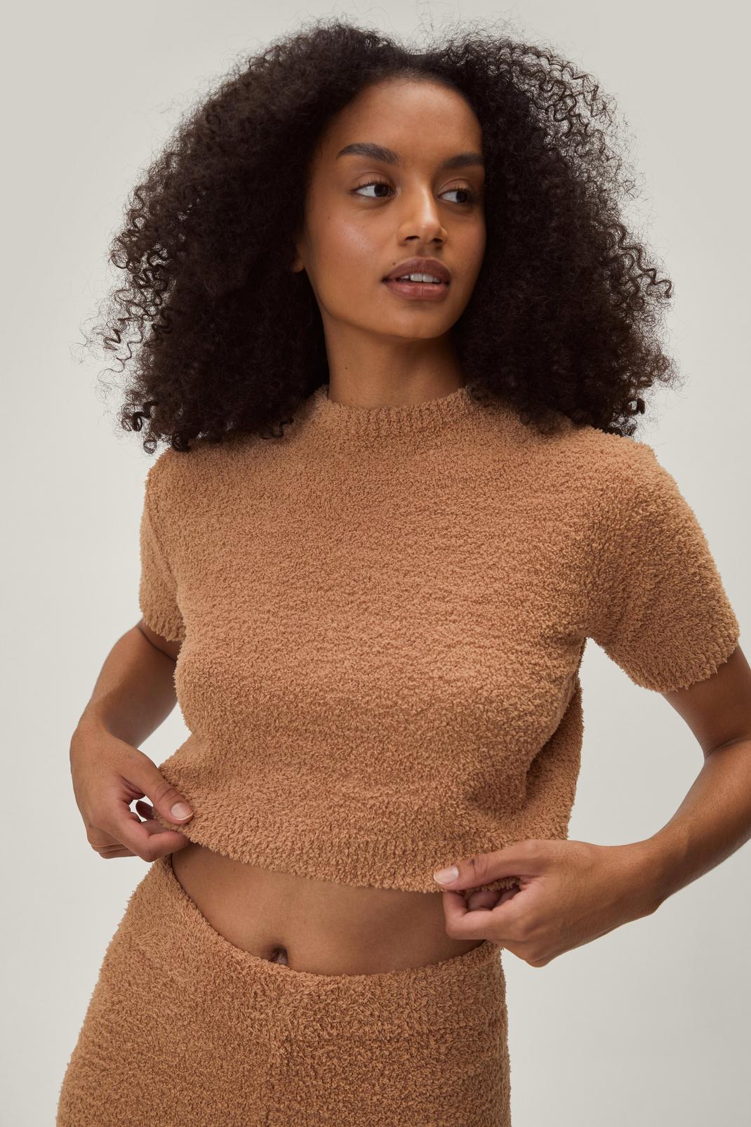 Camel Knitted Short Sleeve Lounge Top image number 1