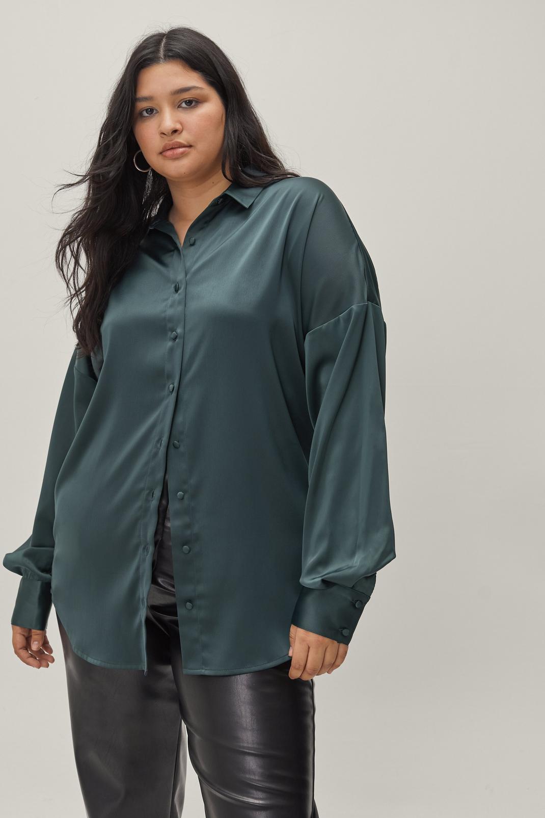 Dark green Plus Size Satin Oversized Shirt image number 1