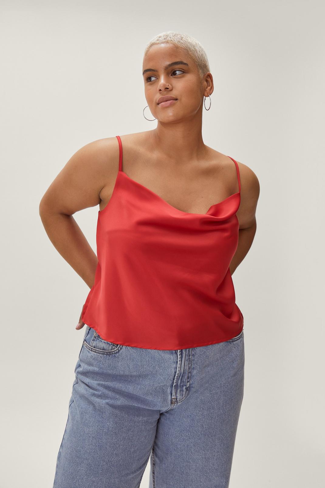 Red Plus Size Satin Cowl Cami Top image number 1