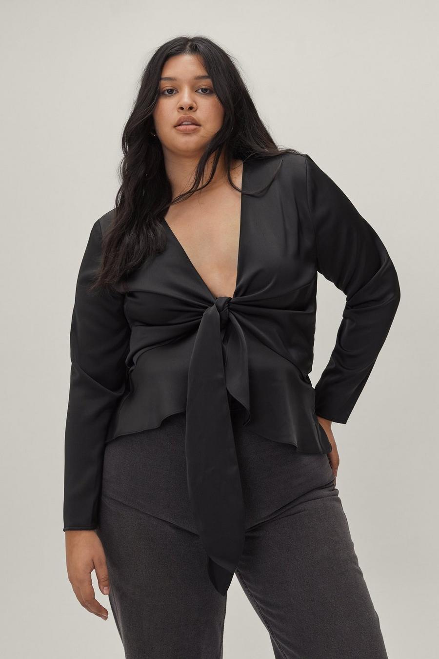 Recycled Plus Size Satin Tie Front Top