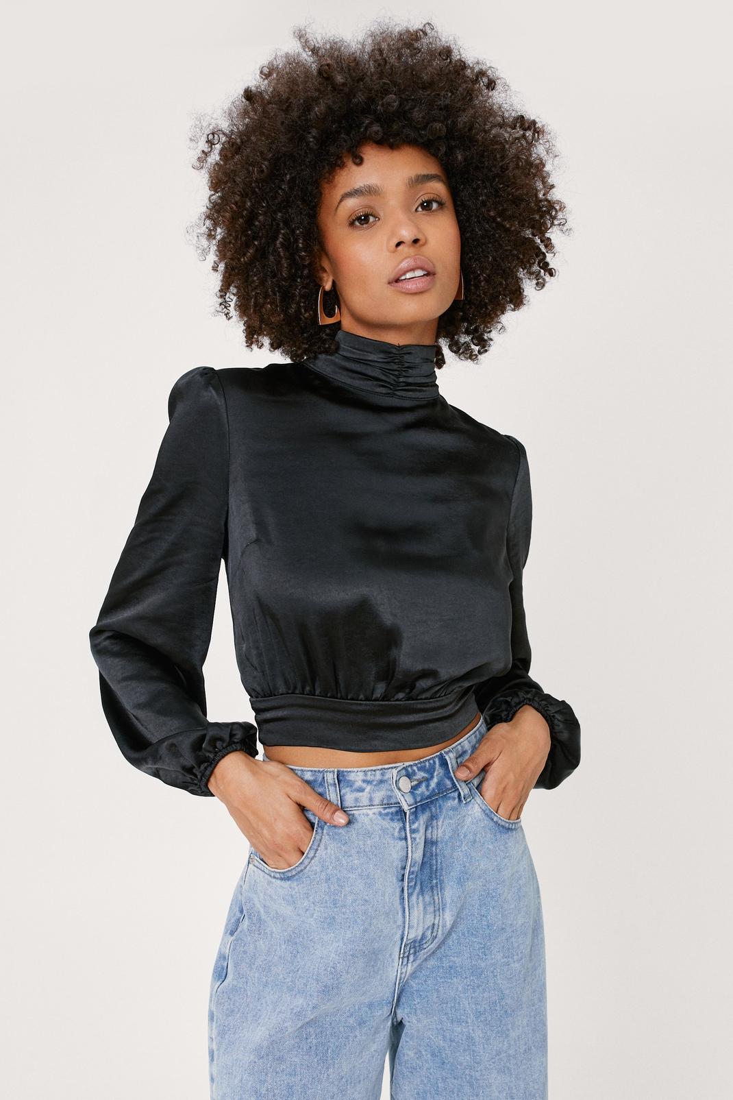 Black Recycled Heavy Satin Open Back Blouse image number 1