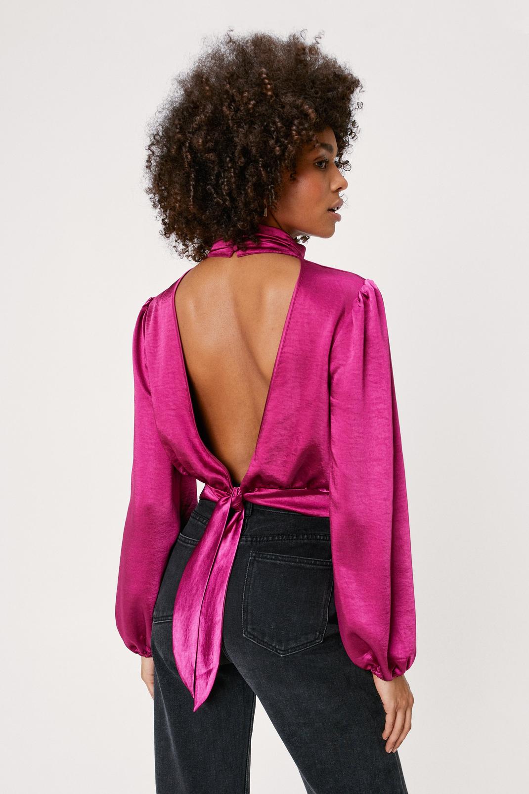 Hot pink Heavy Satin Open Back Blouse image number 1