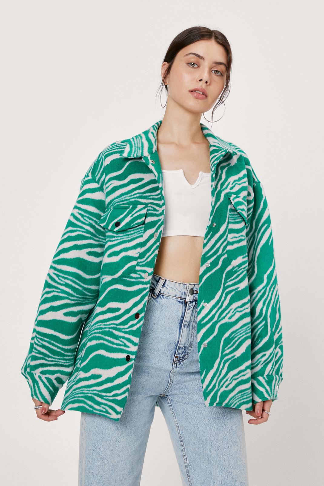 Green Zebra Print Wool Look Shacket image number 1