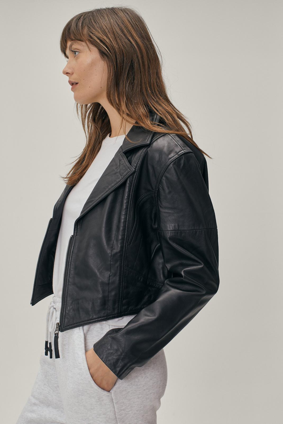 Black Real Leather Zip Up Cropped Jacket image number 1