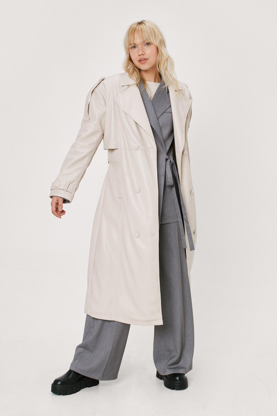 Cream Oversized Faux Leather Trench Coat image number 1