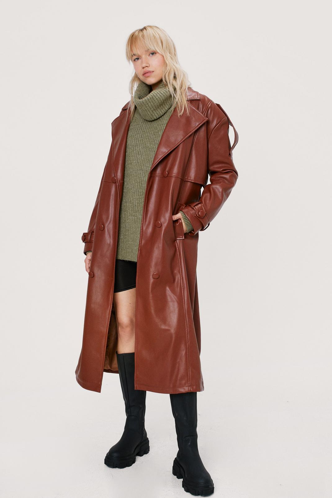 Tan Oversized Faux Leather Trench Coat image number 1
