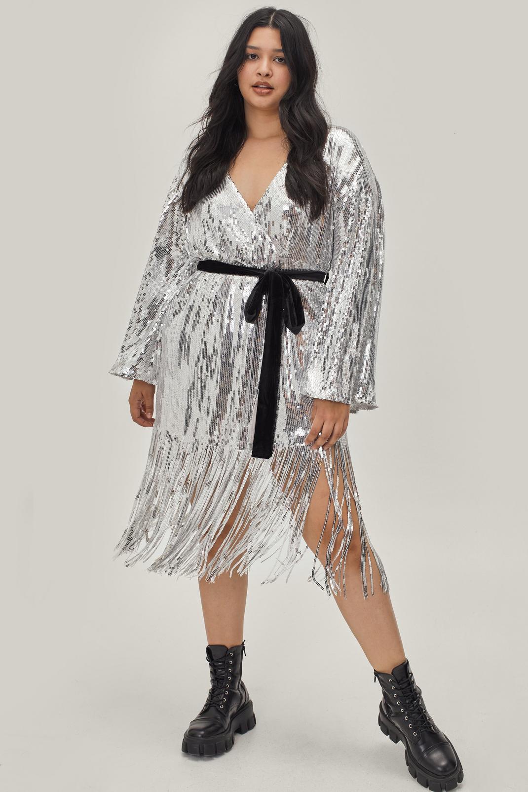 Silver Plus Size Belted Sequin Wrap Midi Dress image number 1