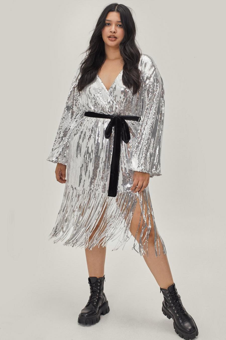 Plus Size Belted Sequin Wrap Midi Dress