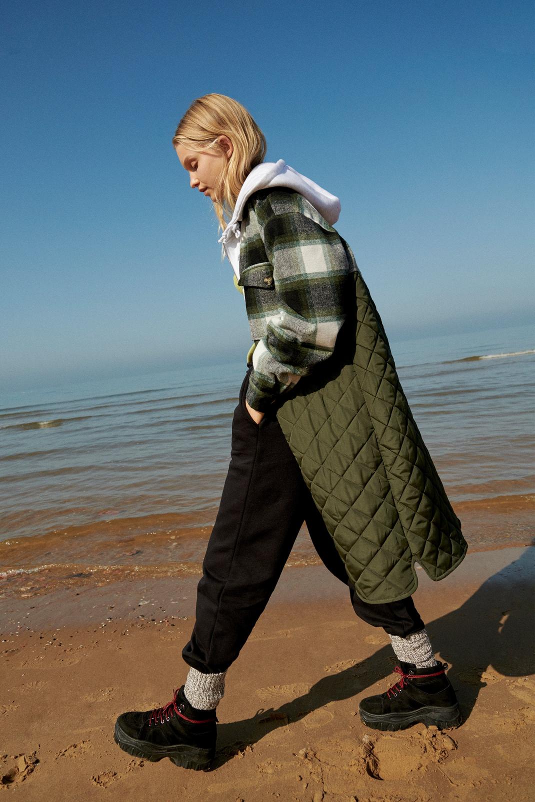 Khaki Check Quilted Maxi Shacket image number 1