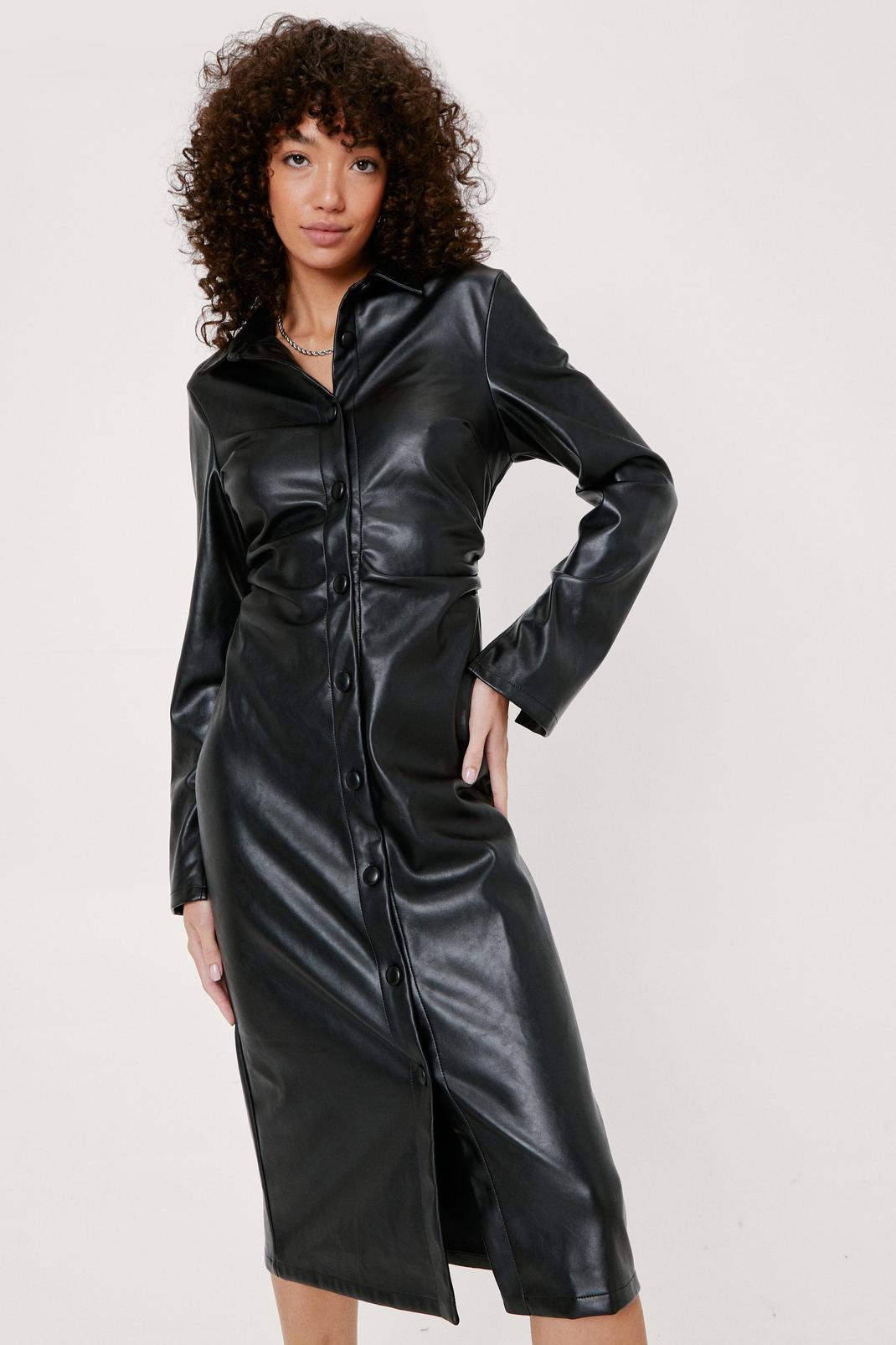 Faux Leather Midi Shirt Dress image number 1