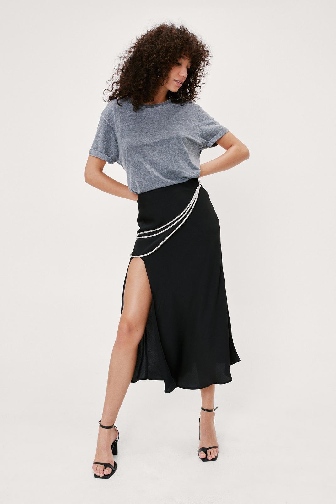 Black Diamante Belted Satin Split Midi Skirt image number 1