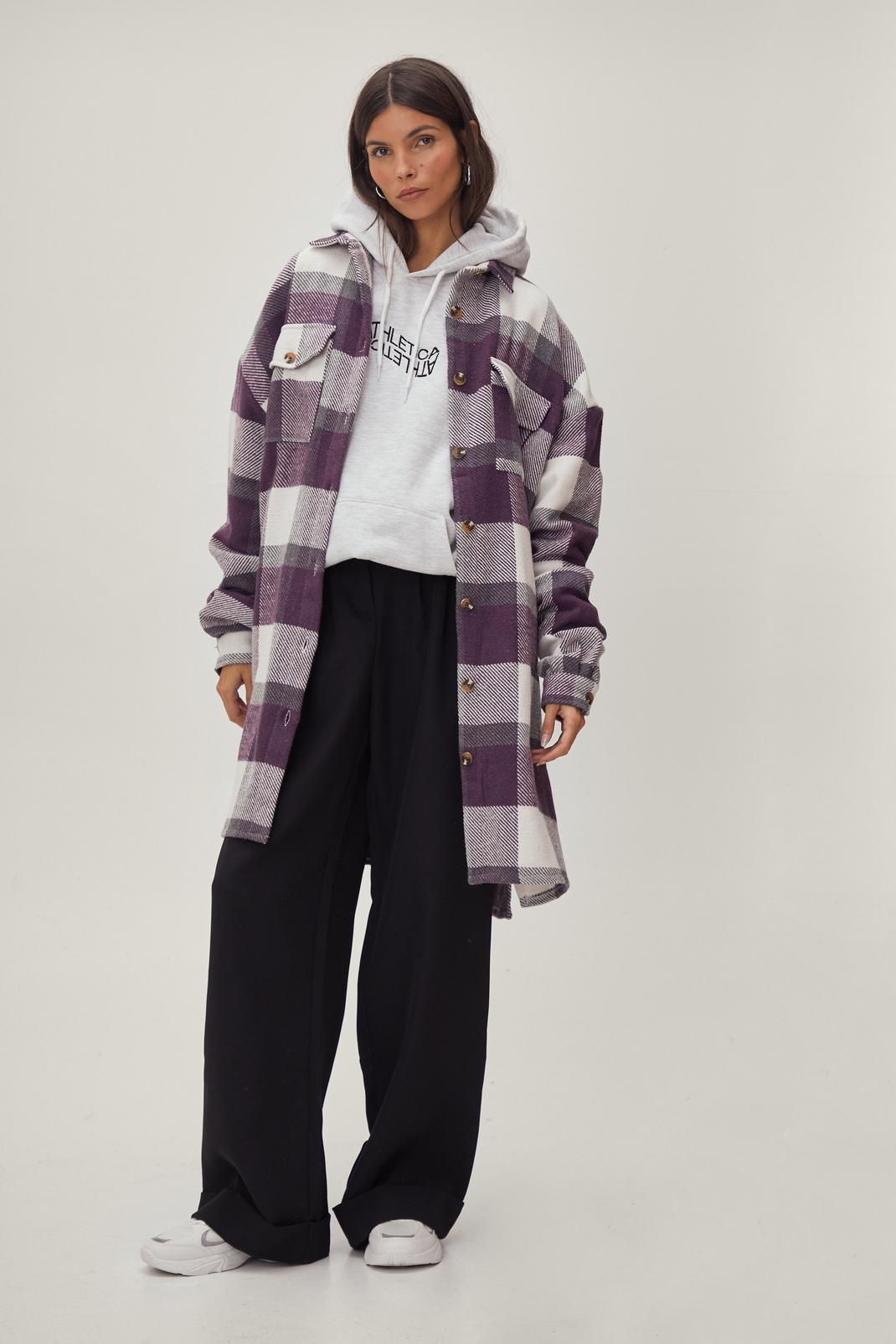 Purple Oversized Button Down Check Print Shirt Jacket image number 1