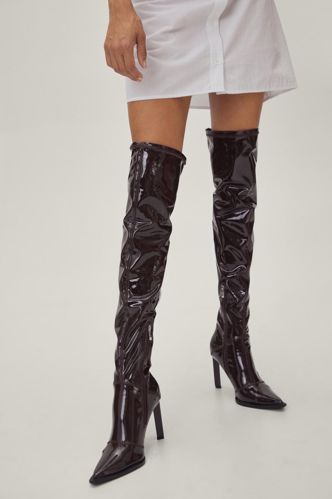 Chocolate Patent Faux Leather Over the Knee Pointed Boots image number 1