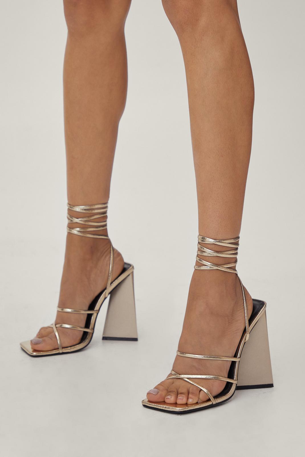 Gold Pu Croc Strappy Flare Heels image number 1