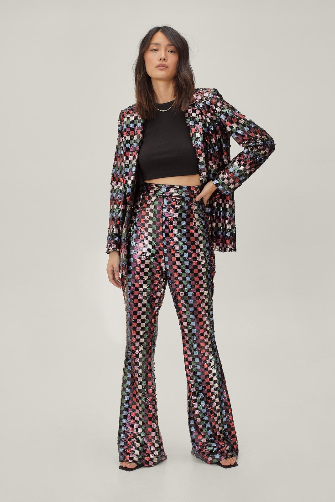 Multi Checkerboard Sequin High Waisted Sequin Flare Pants image number 1