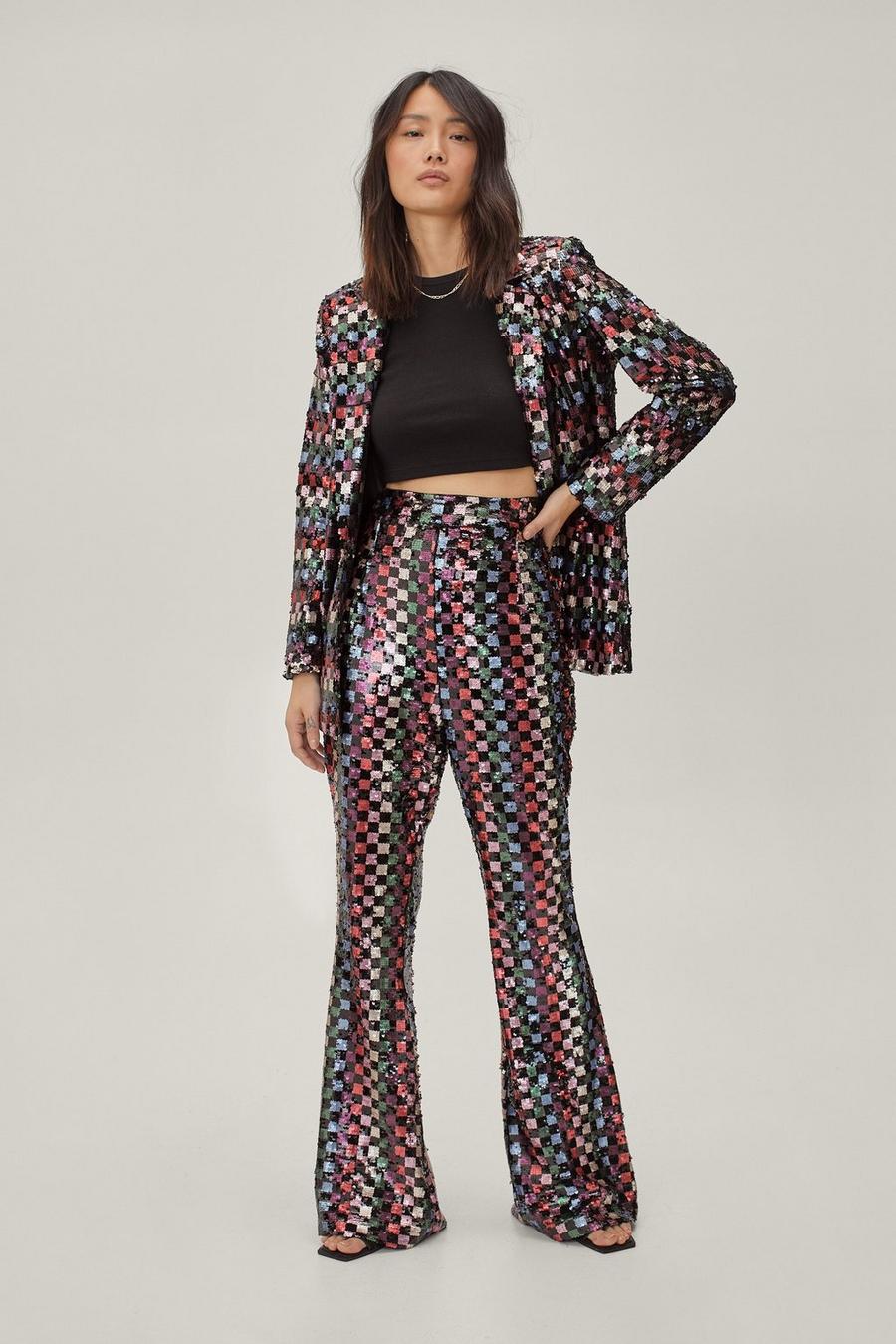 Checkerboard Sequin High Waisted Sequin Flared Trousers