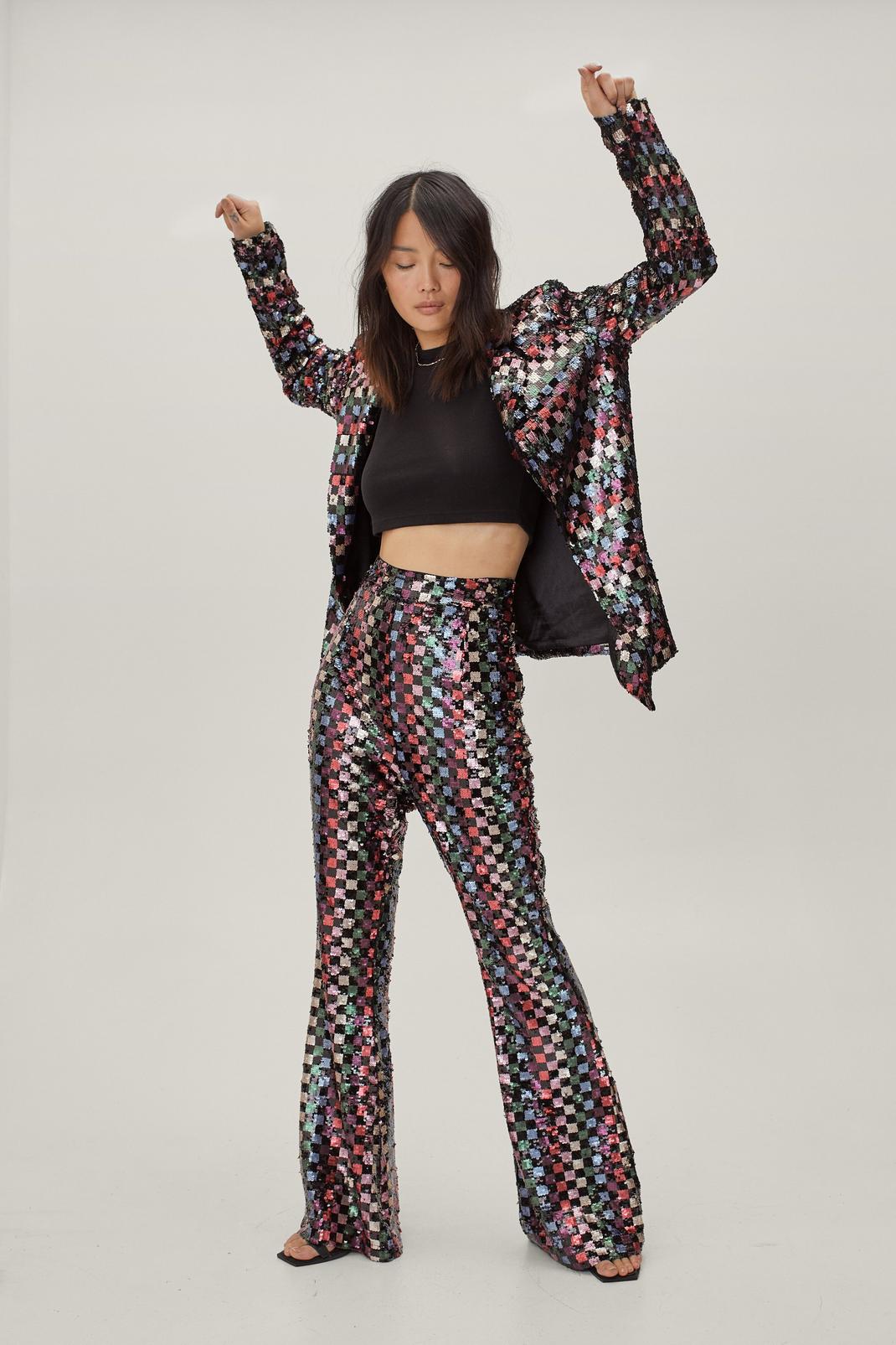 144 Checkerboard Sequin High Waisted Sequin Flared Pants image number 2