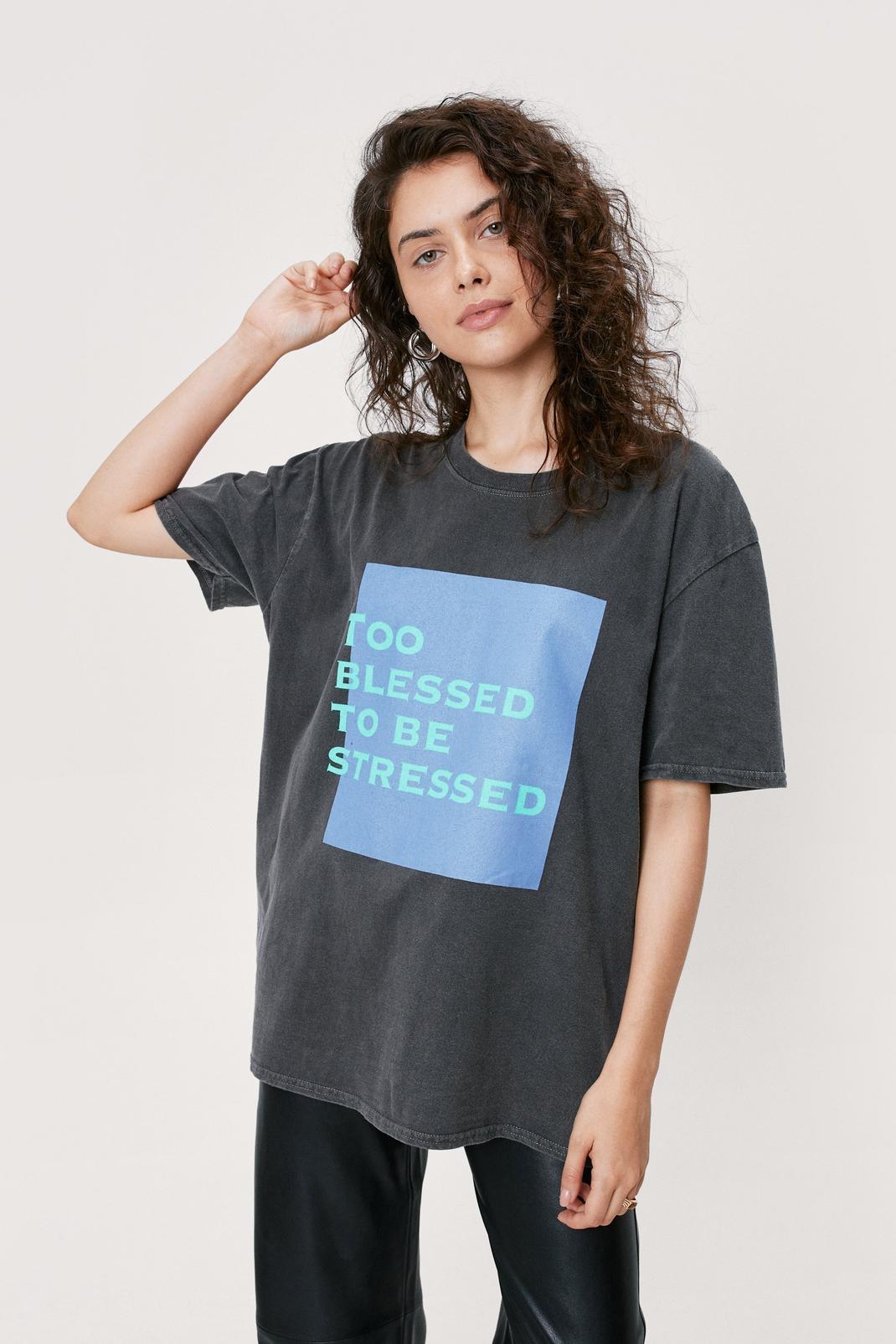 Charcoal ‘Too Blessed To Be Stressed’ Slogan T-Shirt image number 1