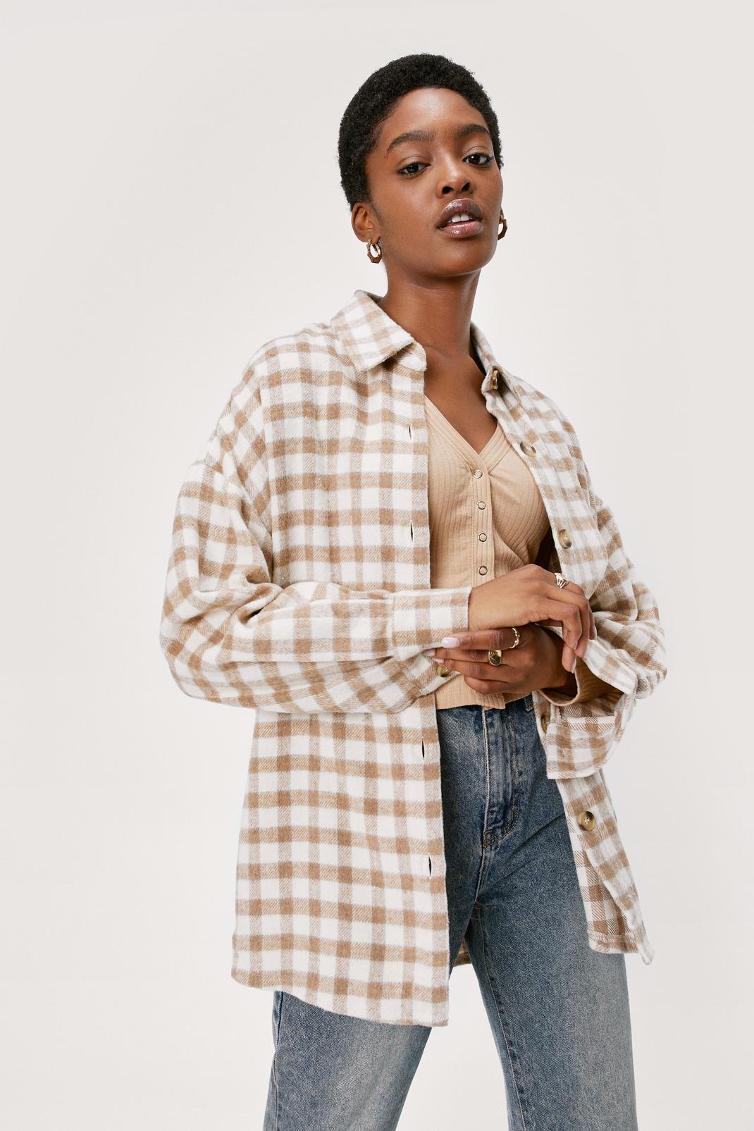 Veste-chemise oversize effet laine imprimé carreaux, Beige image number 1