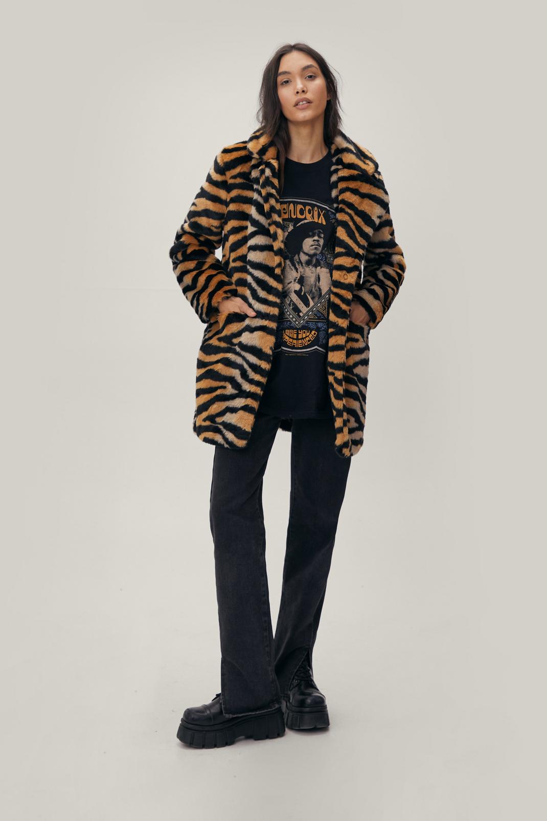 Tan Tiger Print Faux Fur Jacket image number 1