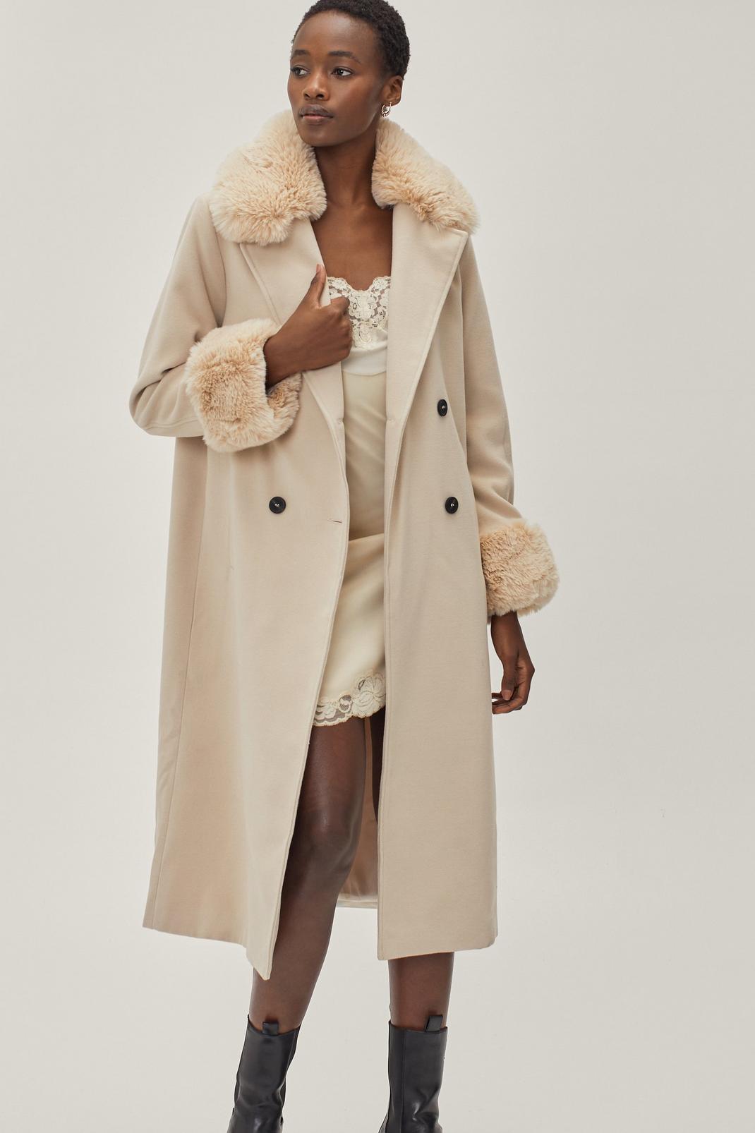 Beige Wool Look Faux Fur Trimmed Coat image number 1