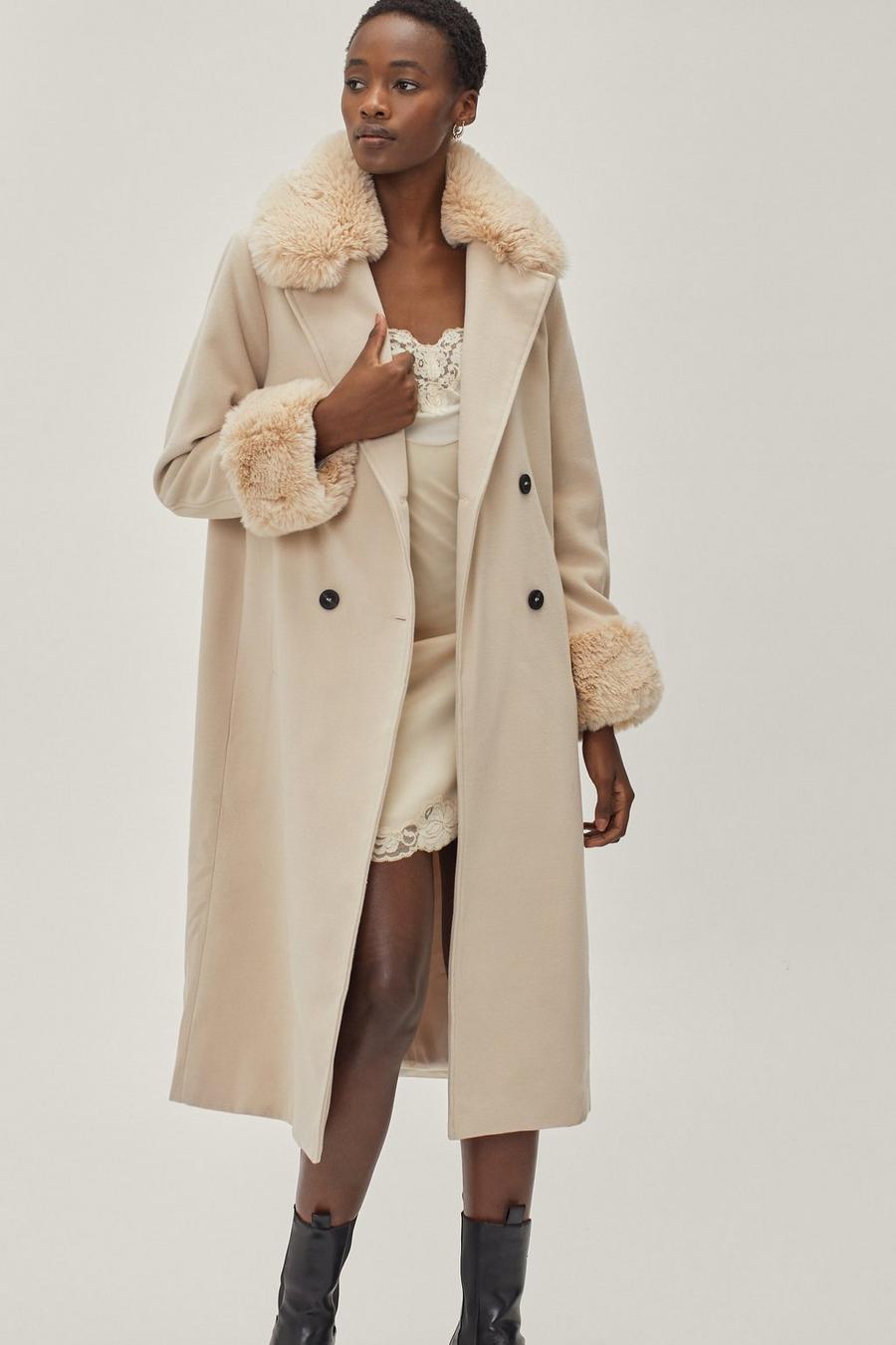 Wool Look Faux Fur Trimmed Coat 