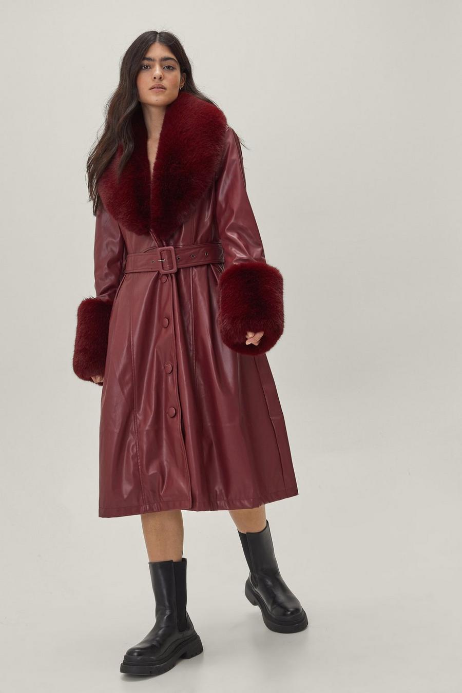 Faux Leather Faux Fur Trimmed Belted Coat