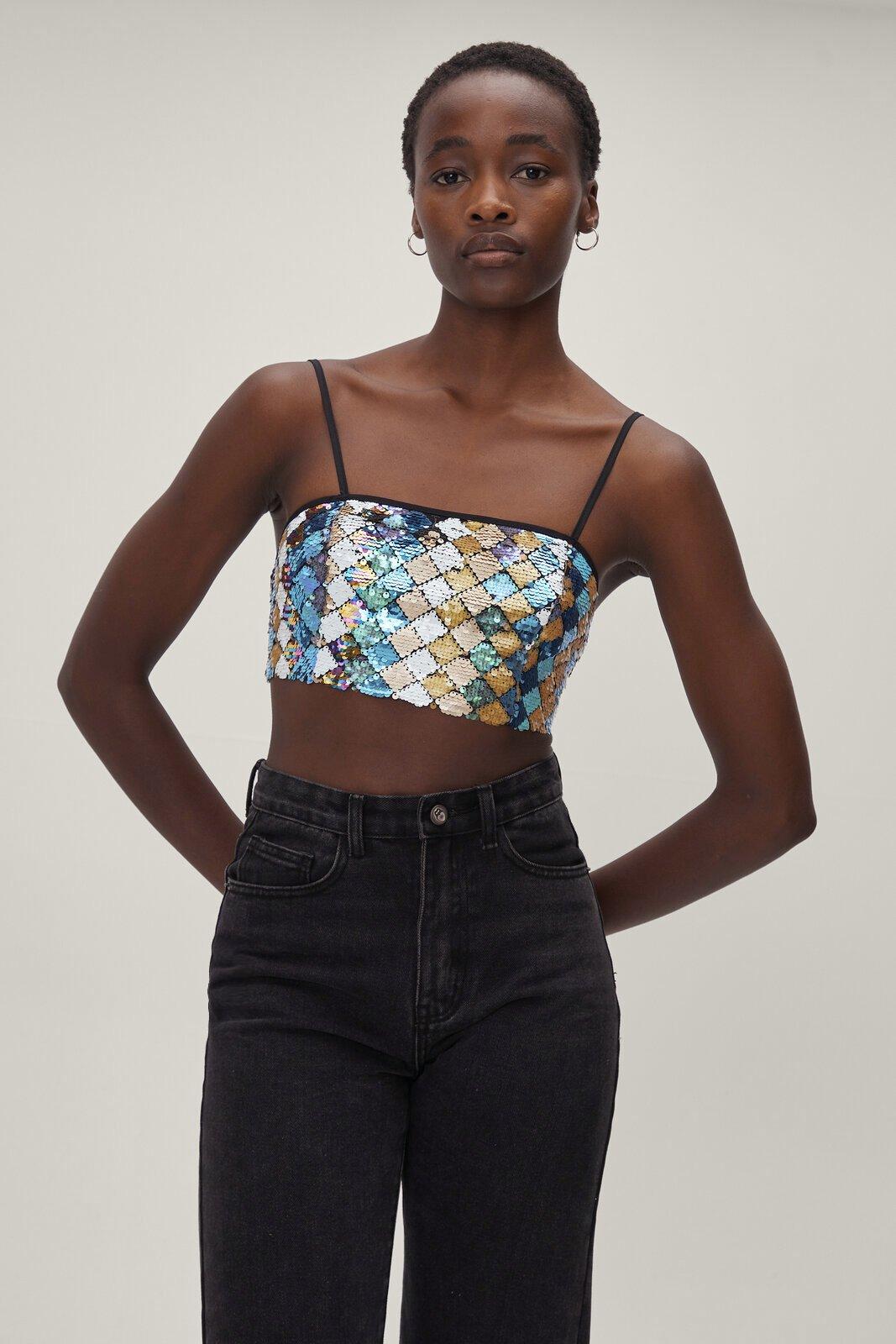 Bralette Crop Top Sequins, Bralette Top Diamonds