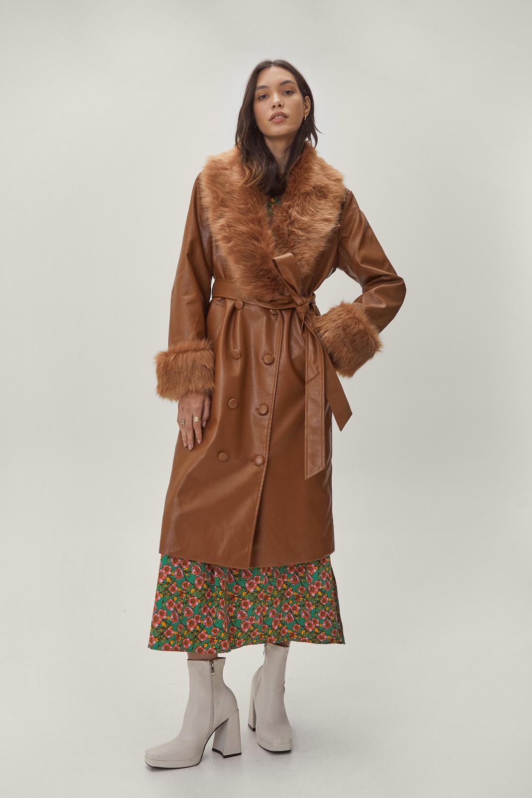 Chocolate Faux Leather Fur Trimmed Db Coat image number 1