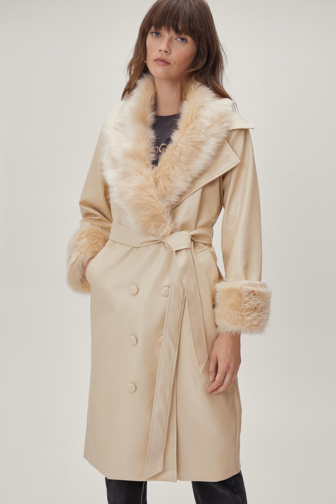 Cream Faux Leather Fur Trimmed Db Coat image number 1