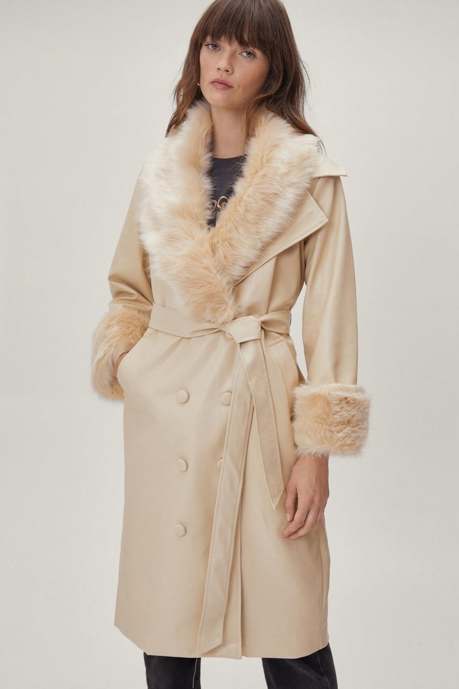 Faux Leather Fur Trimmed Db Coat