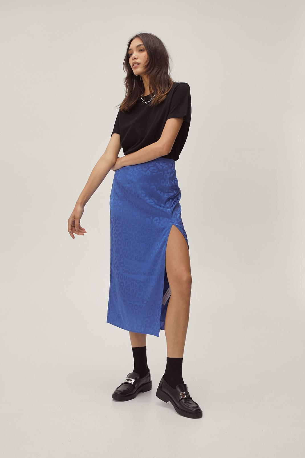 Cobalt Satin Jacquard Split Midi Skirt image number 1