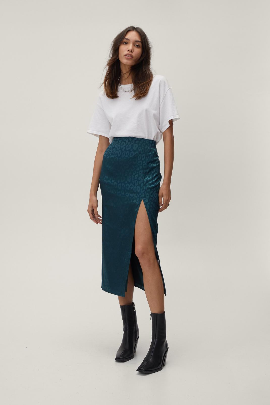 Emerald Satin Jacquard Split Midi Skirt image number 1