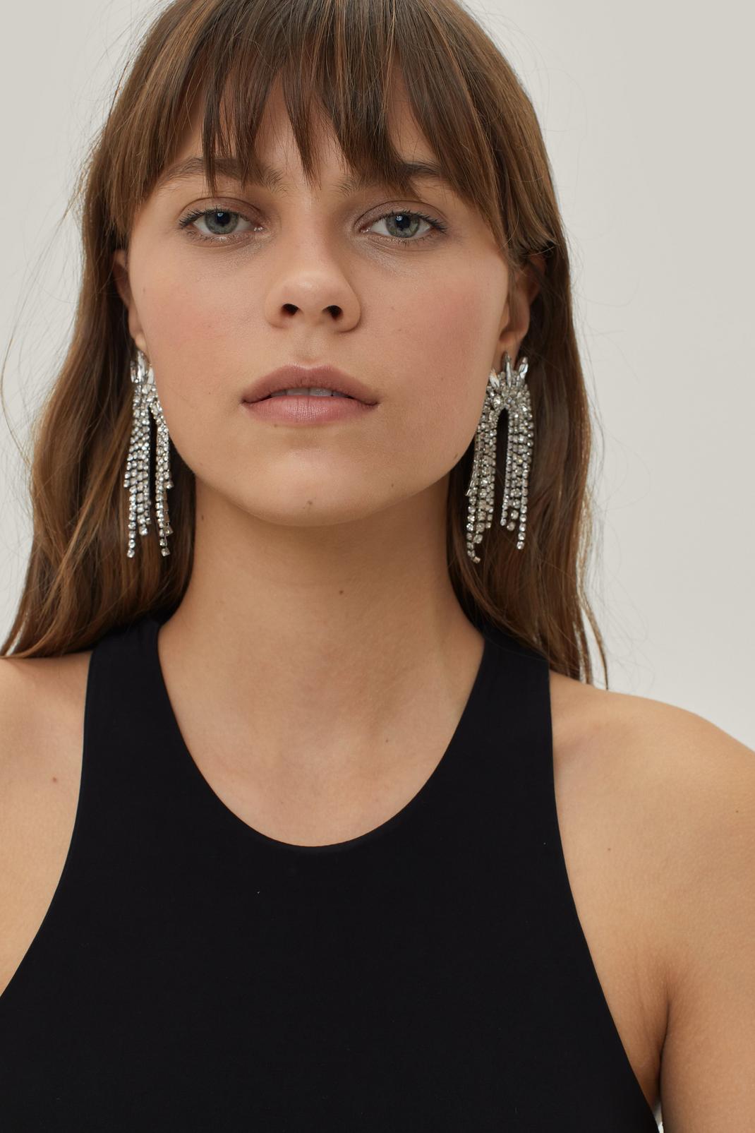 Statement Diamante Curved Fringe Earrings, Silver image number 1