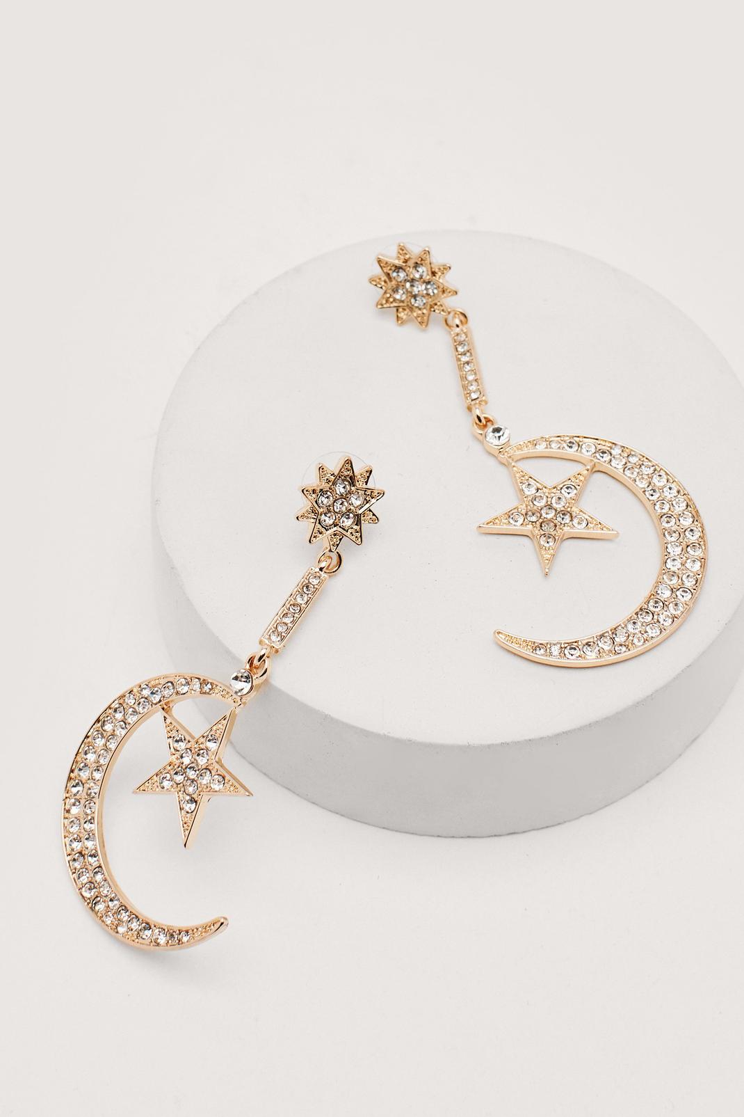 Gold Diamante Moon & Star Drop Earrings image number 1