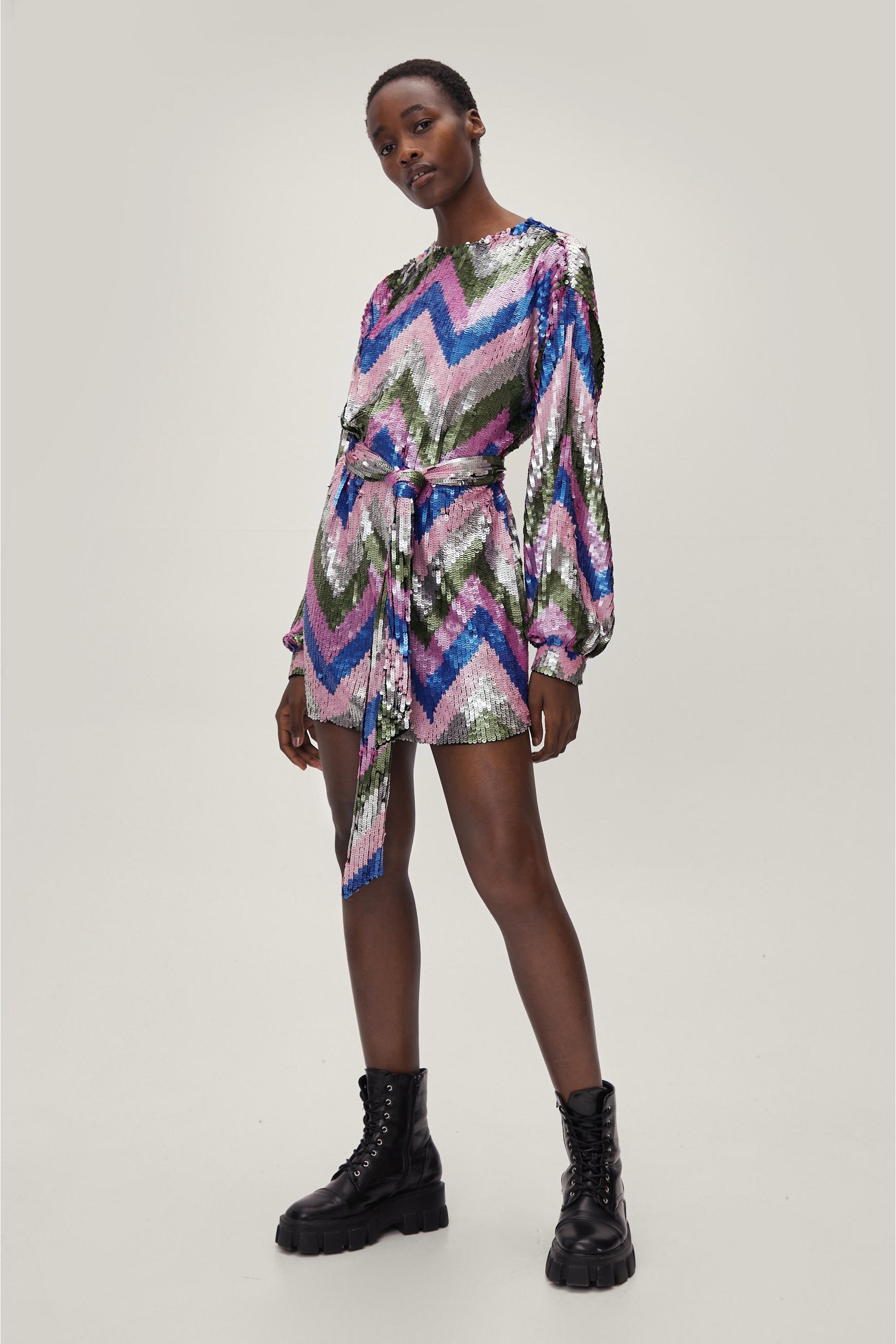 Abstract Sequin Oversized Belted Mini Dress